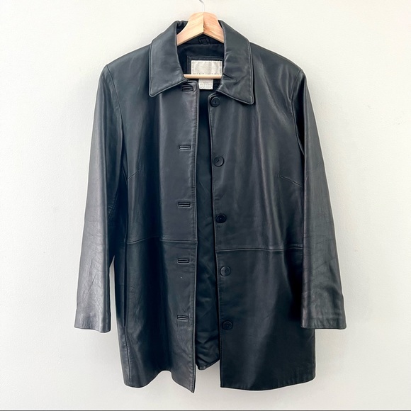 Nine West Black Soft Leather Women's Collared Button Jacket Coat Petite Large